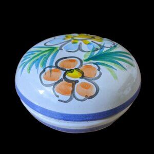Vietri Sul Mare Round Floral White Blue Band 4-inch Trinket  Dish